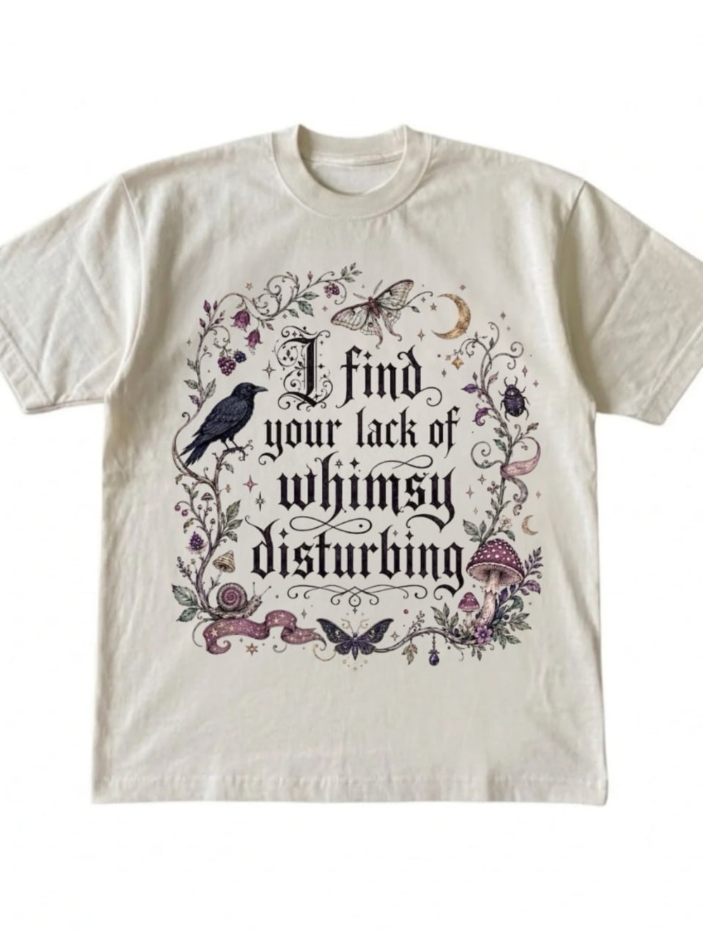 Cream Graphic Tee with Gothic Whimsy Print